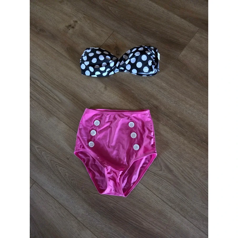 Retro Rockabilly Pink High Waisted Sailor Bikini Set Polka Dot Bandeau Top‎